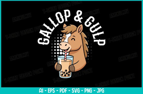 Cute Horse Animal Drinking Bubble Tea: A Playful Design for Embroidery Projects