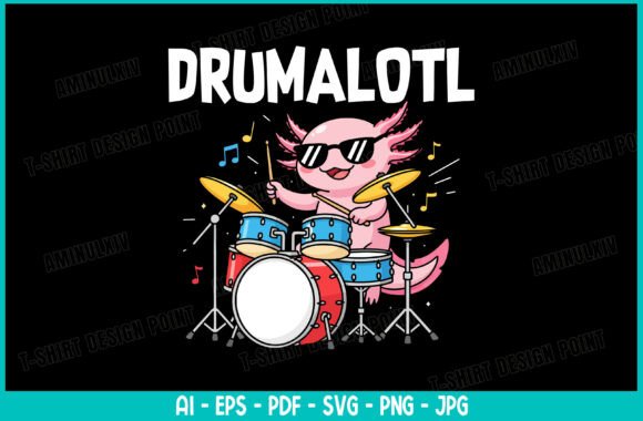 Drumalotl Cute Axolotl Playing Drum – A Fun Embroidery Design for Playful Projects