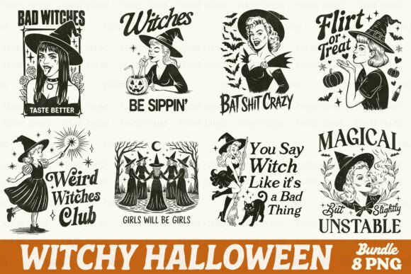 Halloween Vintage Witch PNG Bundle Review: Retro Charm for Embroidery Projects